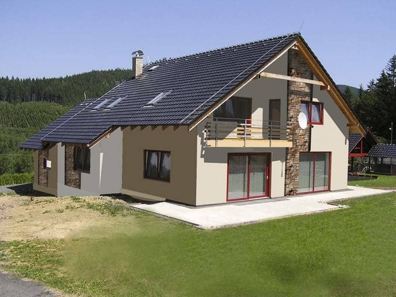 Návrh fasády s kamenným obkladem - varianta 1 - přední pohled