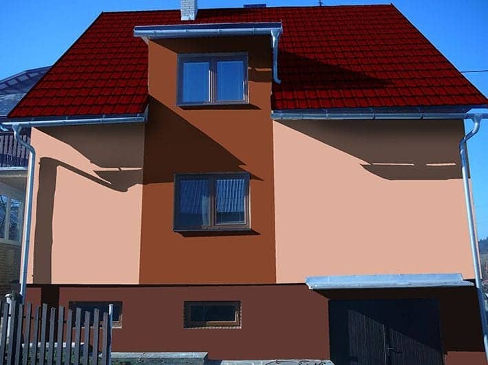 Návrh rekonstrukce fasády a střechy - přední pohled - varianta 1