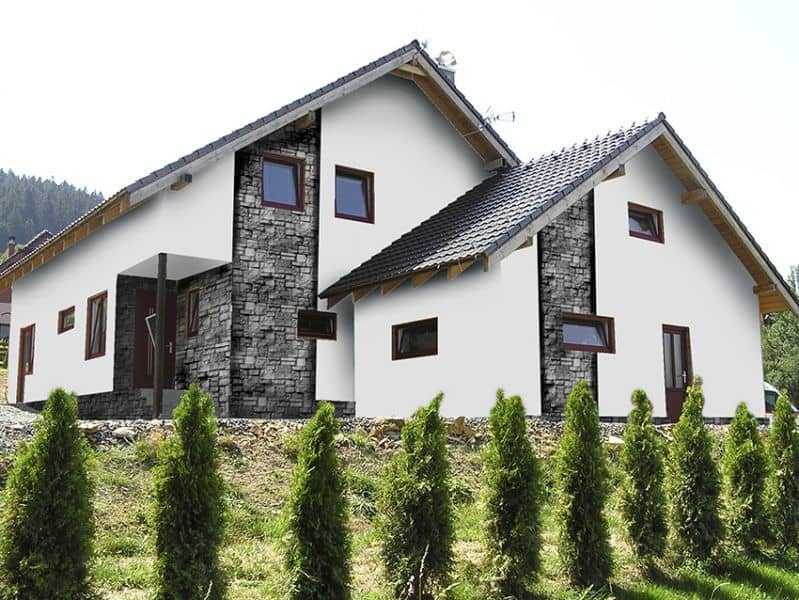 Návrh fasády s kamenným obkladem - varianta 3 - zadní pohled